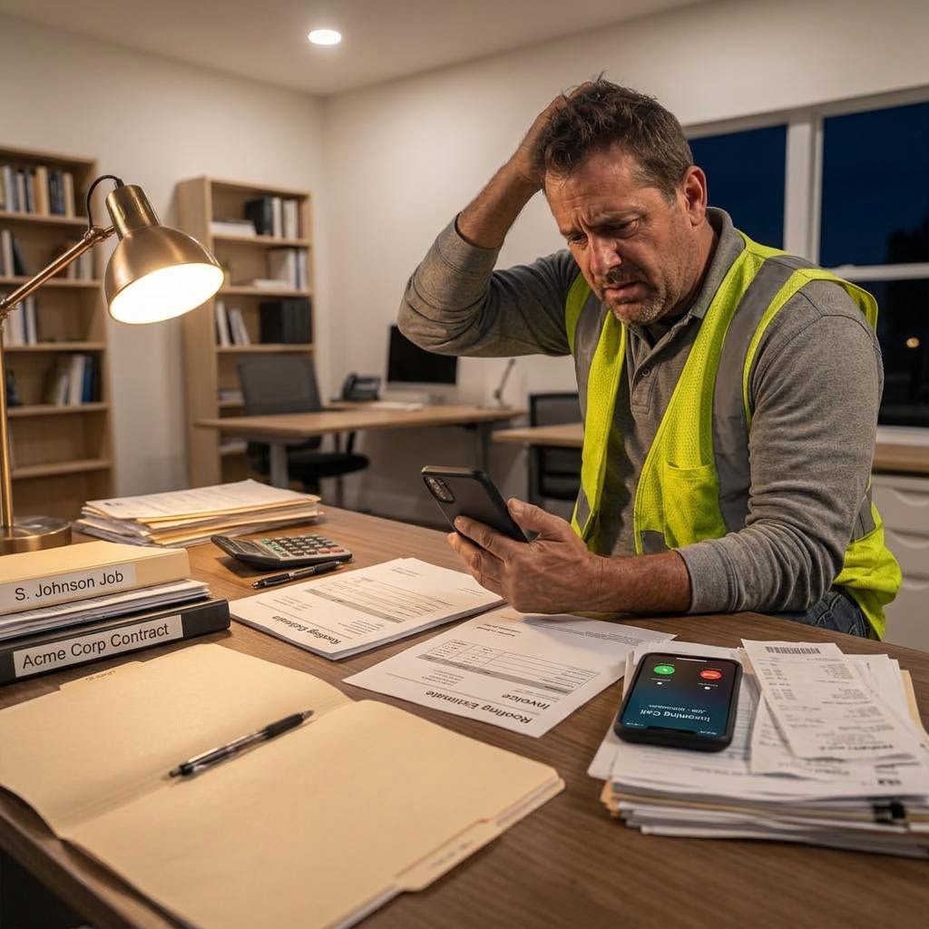 Exhausted roofer working through estimates and paperwork late at night